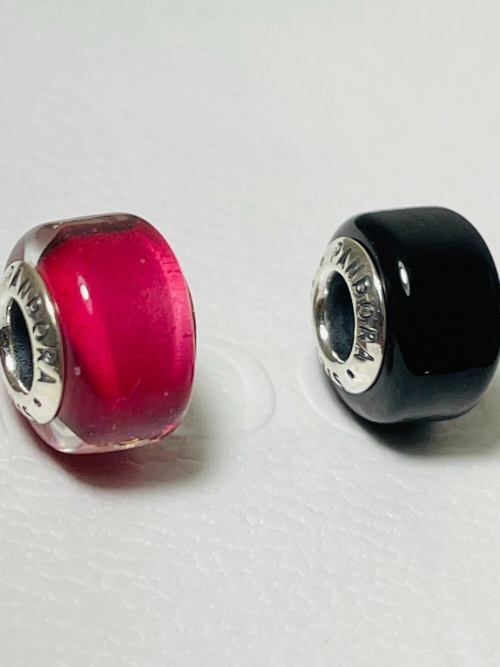 Set of 2 Black & Red Mini Murano Glass Charm Pandora Charms